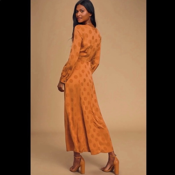 CAPULET Evelyn - Rust Orange dot satin tie front long sleeve midi dress, Size M - Picture 2 of 10